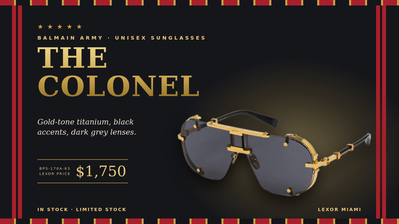 STUD HOMME 検）BALMAIN ラムレザー46 初期 Balmain Colonel BPS-170A-63 Titanium Sunglasses | Lexor Miami