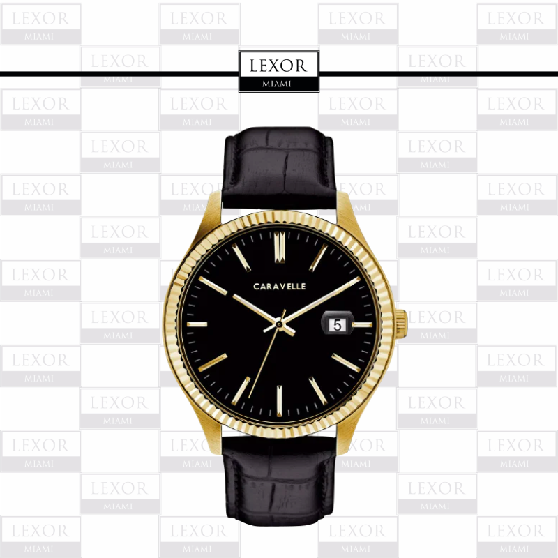 Caravelle Leather Strap Watch Men's Black