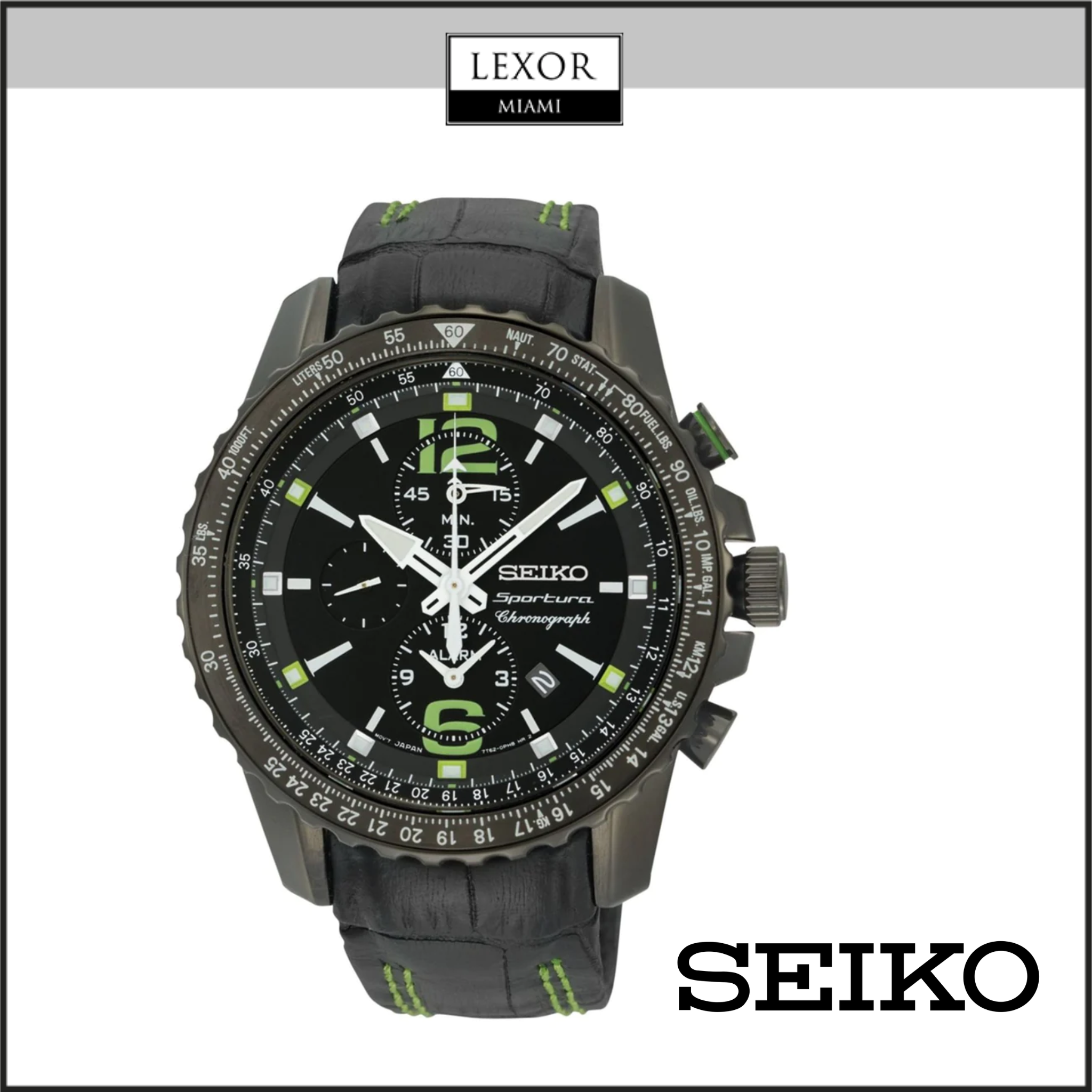 Seiko SNAE97 Black Leather Sportura Aviation Chronograph Watches L – Lexor Miami