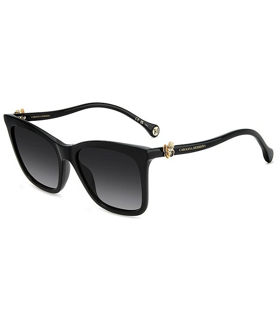 The Carolina Herrera HER0394/G/S women sunglasses feature chic black thick square frames, dark gradient lenses, gold-accented arms, and the CH Carolina Herrera name in gold—a stylish essential from Carolina Herrera Sunglasses.