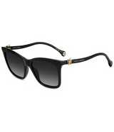 The Carolina Herrera HER0394/G/S women sunglasses feature chic black thick square frames, dark gradient lenses, gold-accented arms, and the CH Carolina Herrera name in gold—a stylish essential from Carolina Herrera Sunglasses.