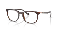 The Ray-Ban Optical 0RX7211 8207 Unisex eyeglasses feature a square shape, transparent brown frame, thin arms, and a subtle glossy finish, shown on a white background.