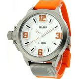 The Welder Watches 905 K22 Oversize Unisex Watch by Lexor Miami features a white dial with orange numerals at 3, 6, and 12, silver hour markers, an orange and gray strap, stainless steel case, and is water-resistant up to 100 meters.