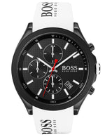 The Hugo Boss Watches 1513718 men’s wristwatch features a black dial with three subdials, date display, visible hour/minute/red second hands, and a white strap with the BOSS logo.
