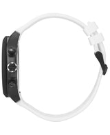 Side view of the Hugo Boss 1513718 men's watch from Hugo Boss Watches, featuring a black case, two buttons, and a white strap with clasp; crown engraved with BOSS.