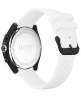 Back view of the Hugo Boss Watches 1513718 men's watch showcasing a white silicone strap, black buckle, and stainless steel case back engraved with the brand name and water resistance info.