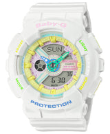 The Casio G-Shock BA110TM-7A Baby-G women’s watch has a white resin strap, analog-digital display, pastel yellow, blue, green, and pink accents, and a bezel with “PROTECTION” and “Baby-G” in blue and pink.