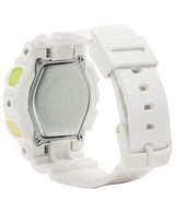 A close-up of the Casio Watches G-Shock BA110TM-7A Baby-G Analog Digital White Resin Strap Women Watch showcases its metal case back, adjustable strap, and yellow-green accents on the sides.