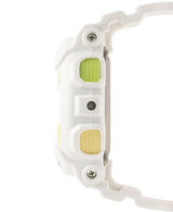 Side view of the Casio G-Shock BA110TM-7A Baby-G Analog Digital Women’s Watch, featuring a white resin strap, textured yellow and green buttons, silver screws, and part of the strap against a plain background.