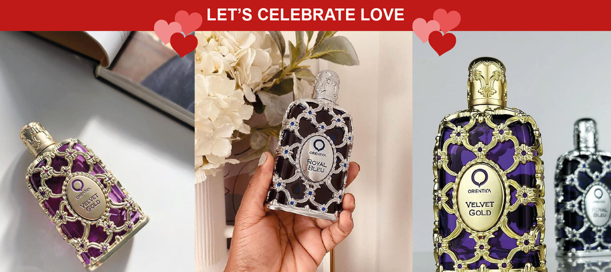 Three ornate perfume bottles with intricate metallic designs are displayed against elegant backgrounds. The text “LET’S CELEBRATE LOVE” with red hearts decorates the top of the image.