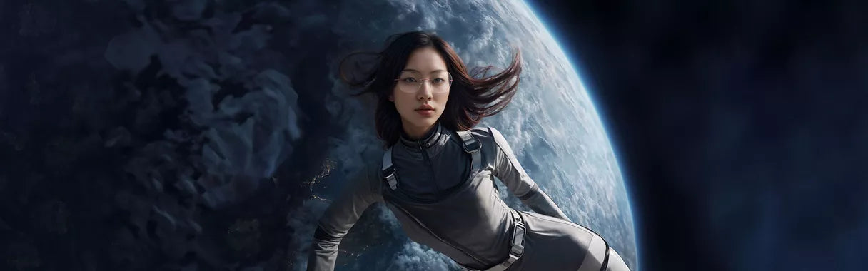 A woman in a futuristic spacesuit floats in space with Earth in the background, her dark hair and glasses visible as she gazes forward, illuminated by the planets light.