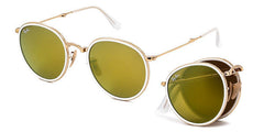 Ray-Ban RB3517 001/30 51 Unisex Sunglasses from Ray-Ban Sunglasses feature gold frames, green-tinted lenses, and foldable round design. Shown both open and folded with the Ray-Ban logo on the top left.
