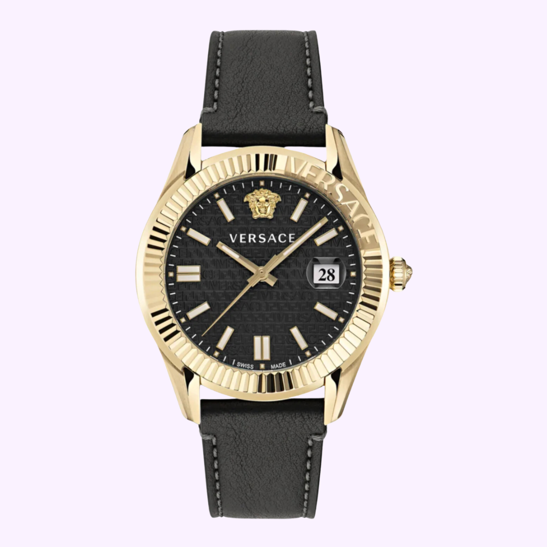 Versace Greca Time Leather Watch VE3K00222 gold case black strap Lexor Miami