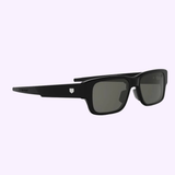 Tag Heuer Optical Sunglasses TH40061I 5401A feature black rectangular frames, dark lenses, and a shield logo on the left arm. Shown on a light purple background and verified by an authorized Miami dealer. 100% authentic.