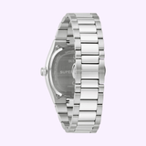 A close-up of the Bulova Watches 96B440 Super Seville Men (UPC 042429599789) shows its inscribed case and stainless steel band, set against a light purple background.