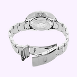 A Seiko SRPE33 Prospex silver men’s watch by Seiko Watches is shown from the back with its stainless steel strap open, revealing the clasp and case back against a light purple background.