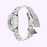 The Seiko SRPE33 Prospex Silver Stainless Steel Strap Men Watch by Seiko Watches is displayed from the back, showcasing its open metal clasp and engraved caseback against a light purple background.