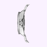 A Seiko Watches SRPE33 Prospex Silver Men Watch viewed from the side, highlighting its stainless steel strap, metal case, textured bezel edge, and crown against a plain light purple background. Perfect for Prospex enthusiasts.