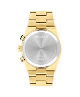 The MOVADO WATCHES 3601185 features a gold-tone metal link bracelet, a silver-tone stainless steel case engraved with brand and model details, and Swiss quartz chronograph movement for a refined look.