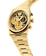 The MOVADO WATCHES 3601185 by Movado Watches is a gold men’s chronograph with a matching metal band, black and gold Swiss quartz dial, three subdials, and two push buttons on the right side.