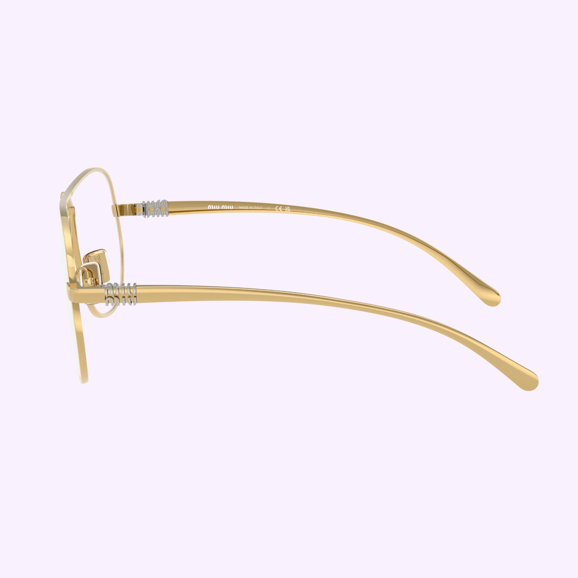 Side view of Miu Miu 0MU Optical Frames 0MU A56S 5AK08N66 with gold metal finish, clear nose pads, and curved temple arms, set against a light purple background.