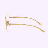 Side view of Miu Miu 0MU Optical Frames 0MU A56S 5AK08N66 with gold metal finish, clear nose pads, and curved temple arms, set against a light purple background.