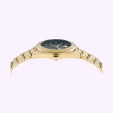 The Versace Watches VE6A00623 V-Code men's watch, featuring a gold stainless steel band and an elegant black dial, is displayed from a side angle against a light purple background.