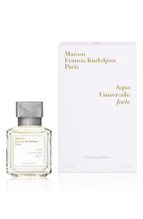 A 2.4 oz bottle of Maison Francis Kurkdjian Aqua Universalis Forte EDP by Maison Francis Kurkdjian Paris Perfumes stands beside its elegant white and gold box, featuring a clear bottle with silver cap and white label with gold embossed text.