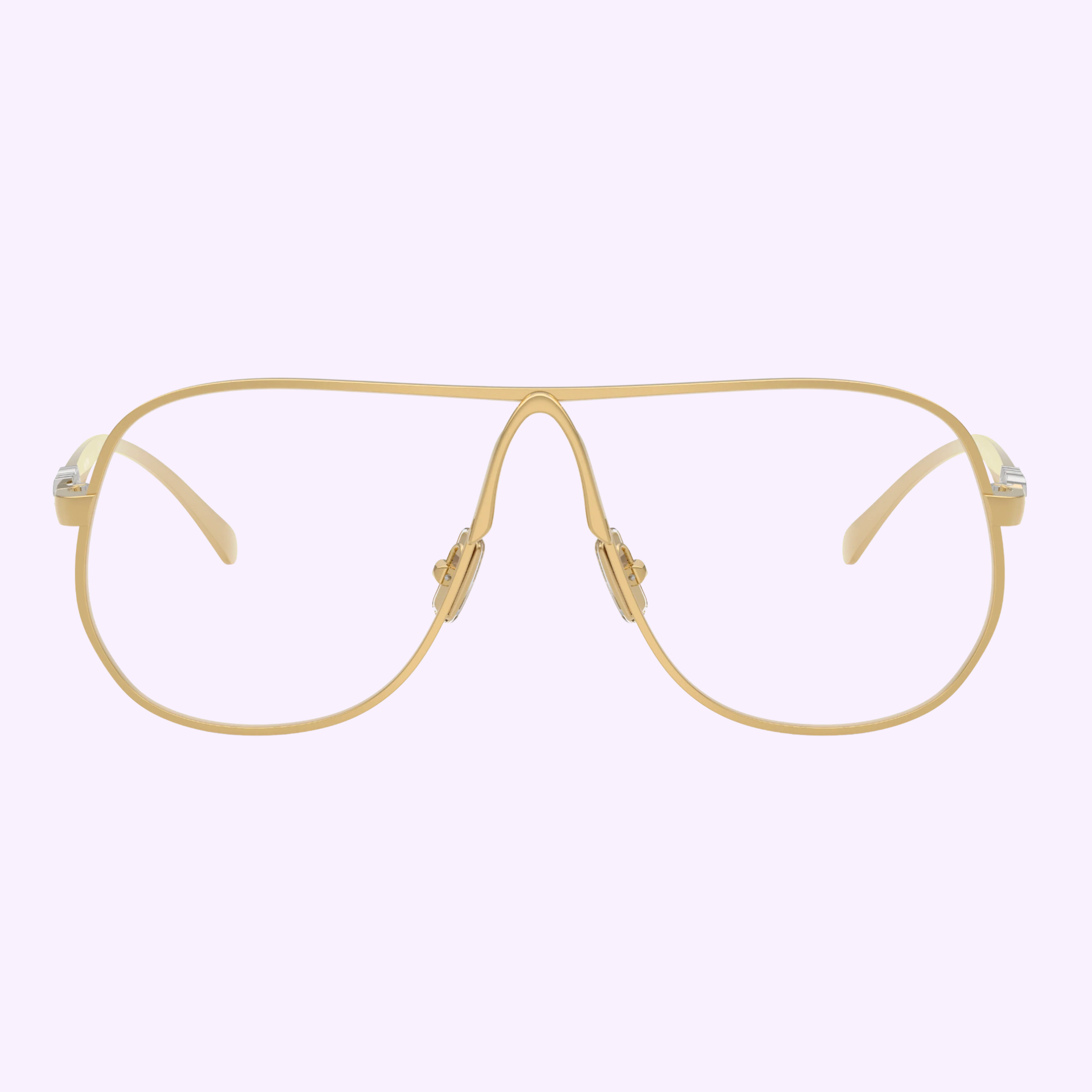 The Miu Miu 0MU Optical Frames 0MU A56S 5AK08N66 by Miu Miu Sunglasses feature gold aviator-style frames with clear lenses, shown against a light pastel purple background and inspired by luxury designer eyewear.