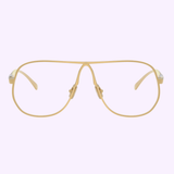 The Miu Miu 0MU Optical Frames 0MU A56S 5AK08N66 by Miu Miu Sunglasses feature gold aviator-style frames with clear lenses, shown against a light pastel purple background and inspired by luxury designer eyewear.