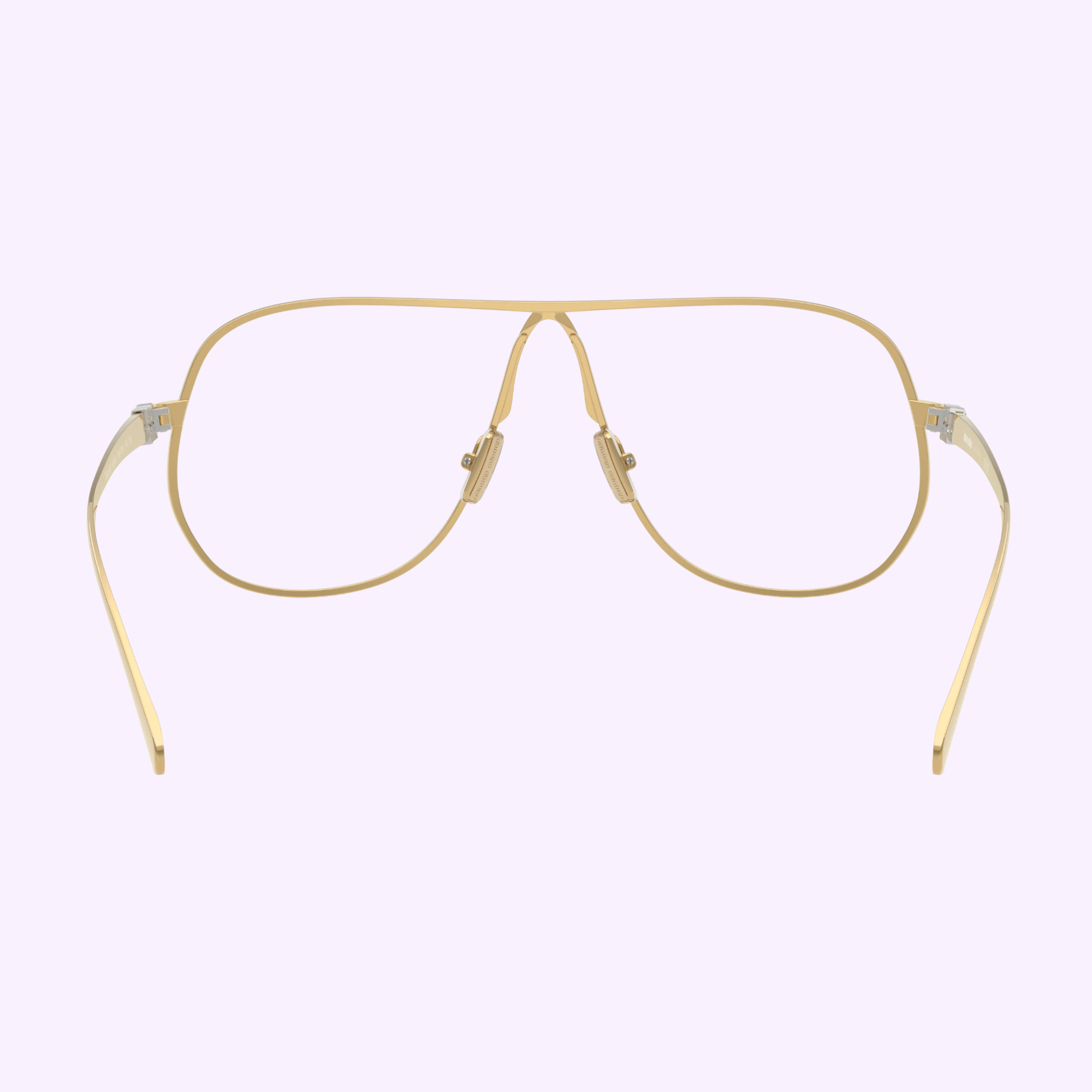 The Miu Miu 0MU Optical Frames 0MU A56S 5AK08N66 by Miu Miu Sunglasses feature gold wireframe pilot-style design with clear nose pads and slightly curved arms, shown against a light purple background.
