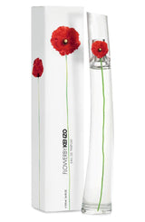 A tall, clear bottle of Flower By Kenzo 3.4 oz EDP for Woman Perfume by Kenzo Perfumes with a red poppy design stands beside its matching white box, both displaying the poppy motif and black branding to showcase this iconic floral fragrance.