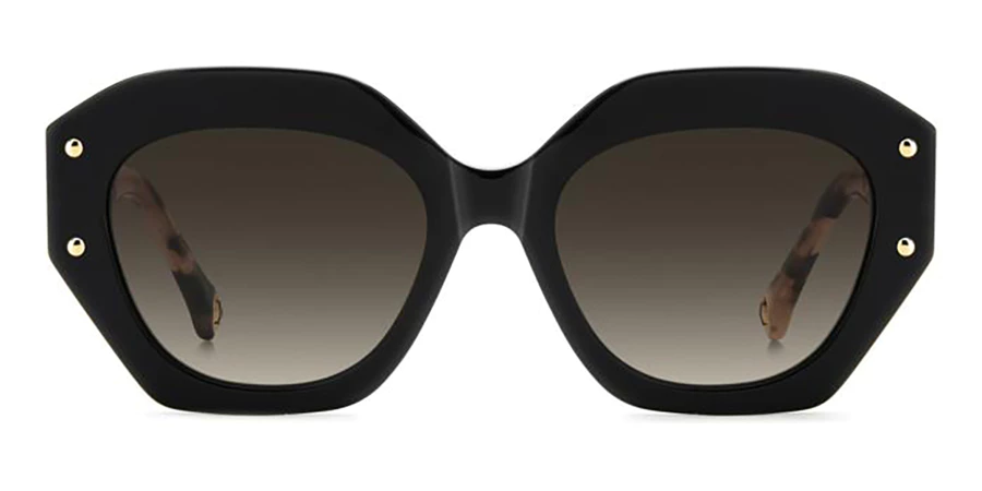 Black oversized hexagonal Carolina Herrera Optical Frames HER 0365/S 53 807 with gradient lenses, gold screws at the corners, and tortoiseshell-patterned arms, shown face-forward on a white background.