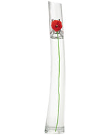 The Flower By Kenzo 3.4 oz EDP for Woman by Kenzo Perfumes features a tall, clear glass bottle with a sleek, modern design and transparent cap, showcasing a single red flower with a long green stem inside.
