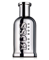 A metallic silver Hugo Boss Bottled United 3.3 oz EDT for Men Perfume by Hugo Boss Perfumes, featuring “BOSS” embossed vertically, a smooth reflective finish, and a round cap.