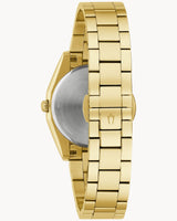 The Bulova Watches 97P172 Gold Stainless Steel Strap Lady Watch features a metal link bracelet, stainless steel case back, and a logo-engraved clasp, shown from the back for detailed view.