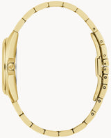 Side view of the Bulova 97P172 Gold Stainless Steel Strap Lady Watch by Bulova Watches, showcasing its polished gold case, sleek metal link bracelet, folding clasp, and elegant case thickness.