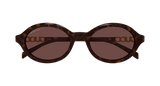 Gucci Sunglasses GG2153S 002 51 feature a brown oval tortoiseshell frame with dark lenses, iconic logo details on the lens and inside the arms, and are showcased against a plain white background.
