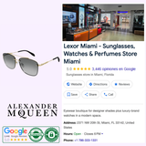 Collage featuring the Lexor Miami store, Alexander McQueen Sunglasses logo, Google reviews, location highlights, and the Alexander McQueen AM0184SK 004 men’s rimless navigator sunglasses—spotlighting luxury men’s eyewear and accessories in a contemporary retail environment.