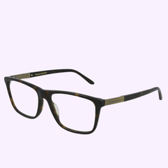The Alexander McQueen AM0324O-002 52 Optical Frame MAN ACETATE eyeglasses by Alexander McQueen Sunglasses feature a tortoiseshell rectangular design with gold accents on the temples, showcased against a light purple background.