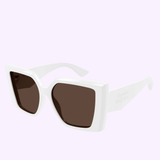The Alexander McQueen Sunglasses AM0467S-004 56, featuring a white frame and large square brown lenses, exemplify high-end designer eyewear from Alexander McQueen Sunglasses, elegantly showcased against a light purple background.