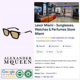 Collage featuring authentic Alexander McQueen Sunglasses AM0519S-003 52, the Alexander McQueen Sunglasses logo, Google ratings, and a Lexor Miami store listing that displays the address, open hours, phone number, plus images of the store’s interior and luxury eyewear.