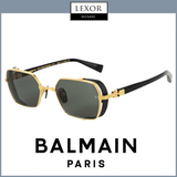 Gold and black Balmain BPS-117A-52 Brigade III Unisex Sunglasses with dark lenses, shown at an angle. Lexor Miami logo appears at the top, with Balmain Sunglasses text below the designer sunglasses.