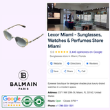 Balmain BRIGADE - I BPS-110B-52 Unisex Sunglasses with gold-toned metal frames and gradient lenses, displayed next to a store information card for Lexor Miami.