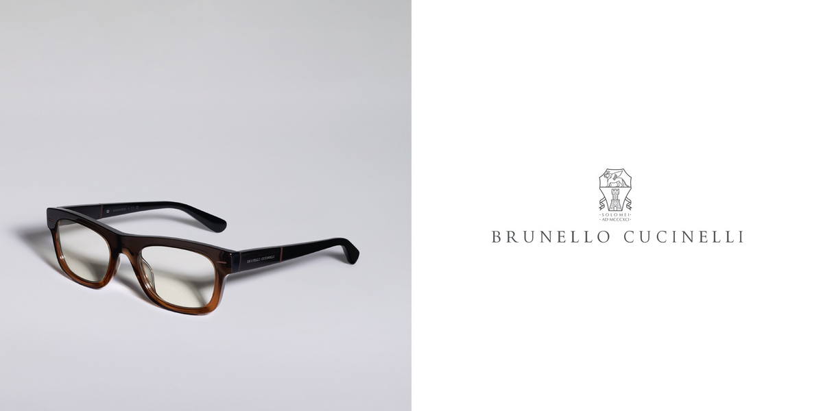 A pair of brown and black Brunello Cucinelli eyeglasses on a light surface, with the Brunello Cucinelli logo and name displayed on a white background to the right.