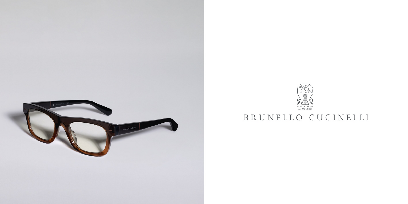 A pair of brown and black Brunello Cucinelli eyeglasses on a light surface, with the Brunello Cucinelli logo and name displayed on a white background to the right.