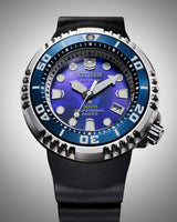 The Citizen Watches Promaster Dive E365 BN1025-08L features Eco-Drive tech, a blue and silver bezel, purple dial, bold white markers, black rubber strap, and 300m water resistance.