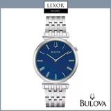 The Bulova 96A233 Regatta Silver Stainless Steel Strap Men’s Watch by Bulova Watches features a blue dial with silver Roman numeral hour markers and a silver band, displayed on a white background with Lexor Miami and Bulova logos.