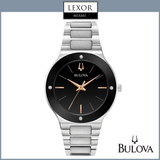 The Bulova 96E117 Millennia Diamond Accent Men's Watch features a black face and a silver stainless steel strap, crafted by Bulova Watches.