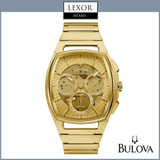 A Bulova 97A160 Curv Gold Stainless Steel Strap Men’s Watch with curved chronograph and three subdials is shown on a white background, with Lexor Miami and Bulova Watches logos above and below.